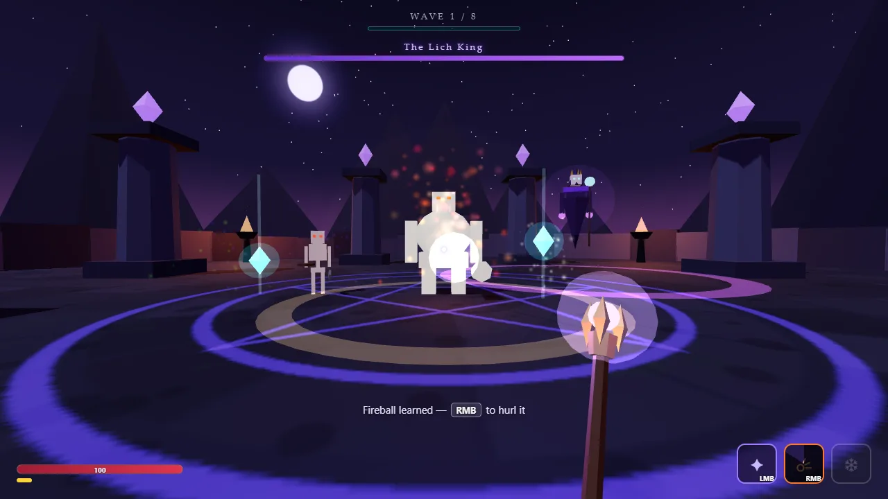 Rune Rush gameplay: a first-person wizard staff faces skeleton enemies and a lich king boss in a moonlit arena ringed with purple runes.