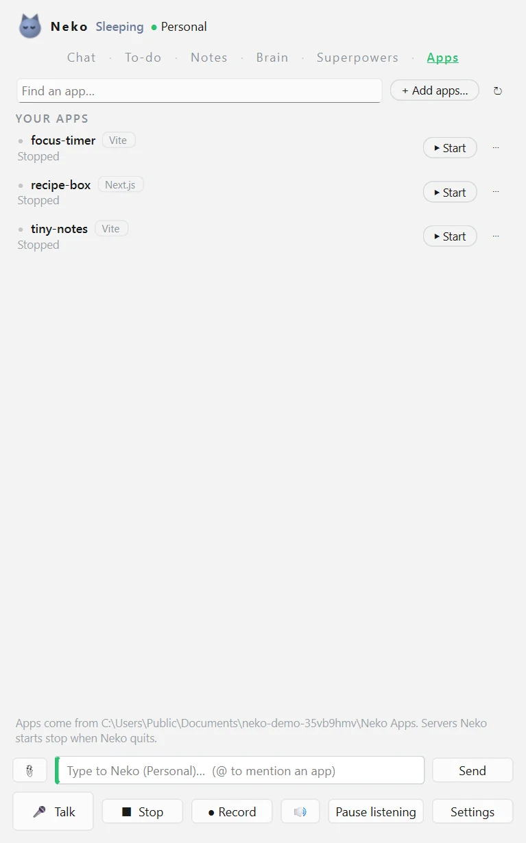 Neko Apps panel listing locally built apps, a focus timer, a recipe box and a notes app, each with a Start button.