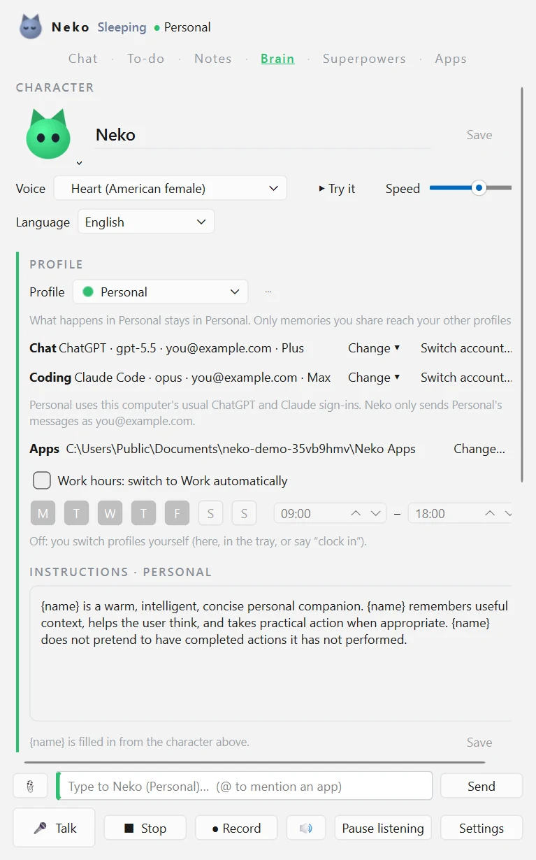 Neko Brain settings: avatar, voice, language, and separate model choices for chat and for coding, plus work hours and custom instructions.
