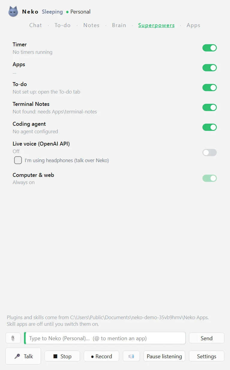 Neko Superpowers panel with toggles for timer, apps, to-do, terminal notes, coding agent, live voice, and computer and web access.